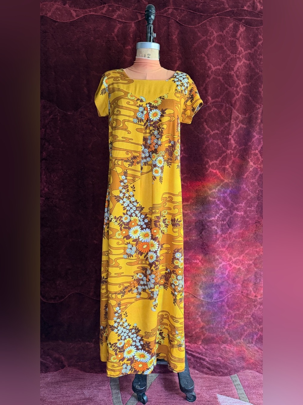 Vintage 1970s Mustard Floral Maxi Dress with Short Sleeves, Very Long